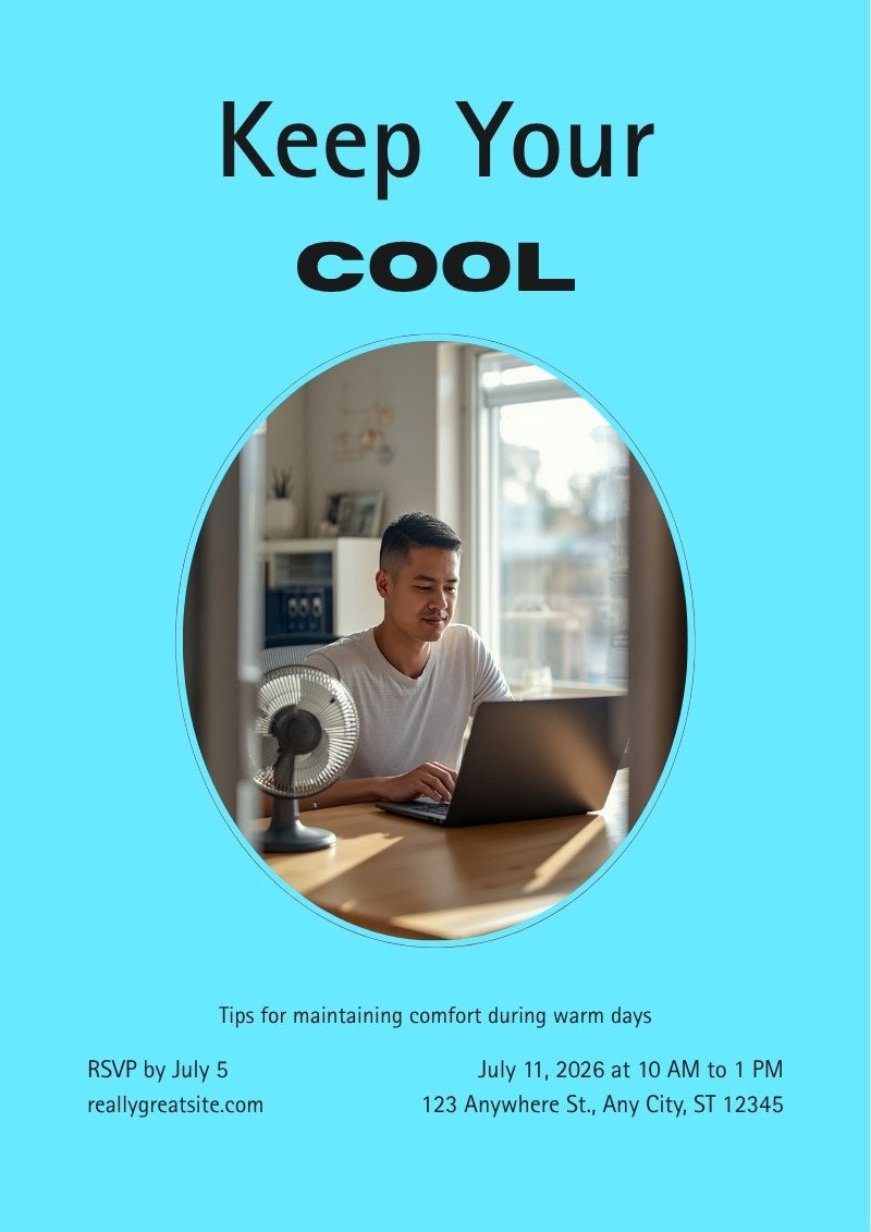 Keep your home office cool - person working at a desk with a fan running in a bright home office