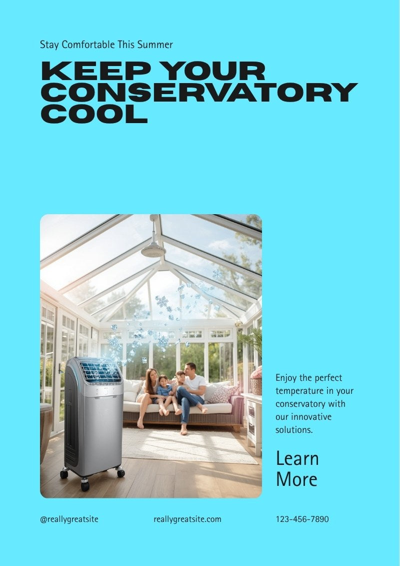 Keep your conservatory cool with a portable air conditioner - cool air blowing on family in sunny conservatory